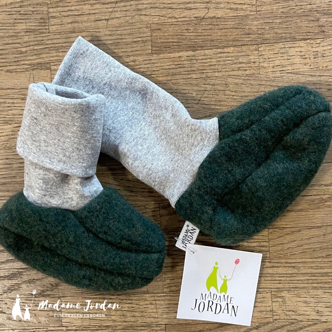 Wollschuhe - Trageschuhe Gr. S Wolle Waldgrün/grau